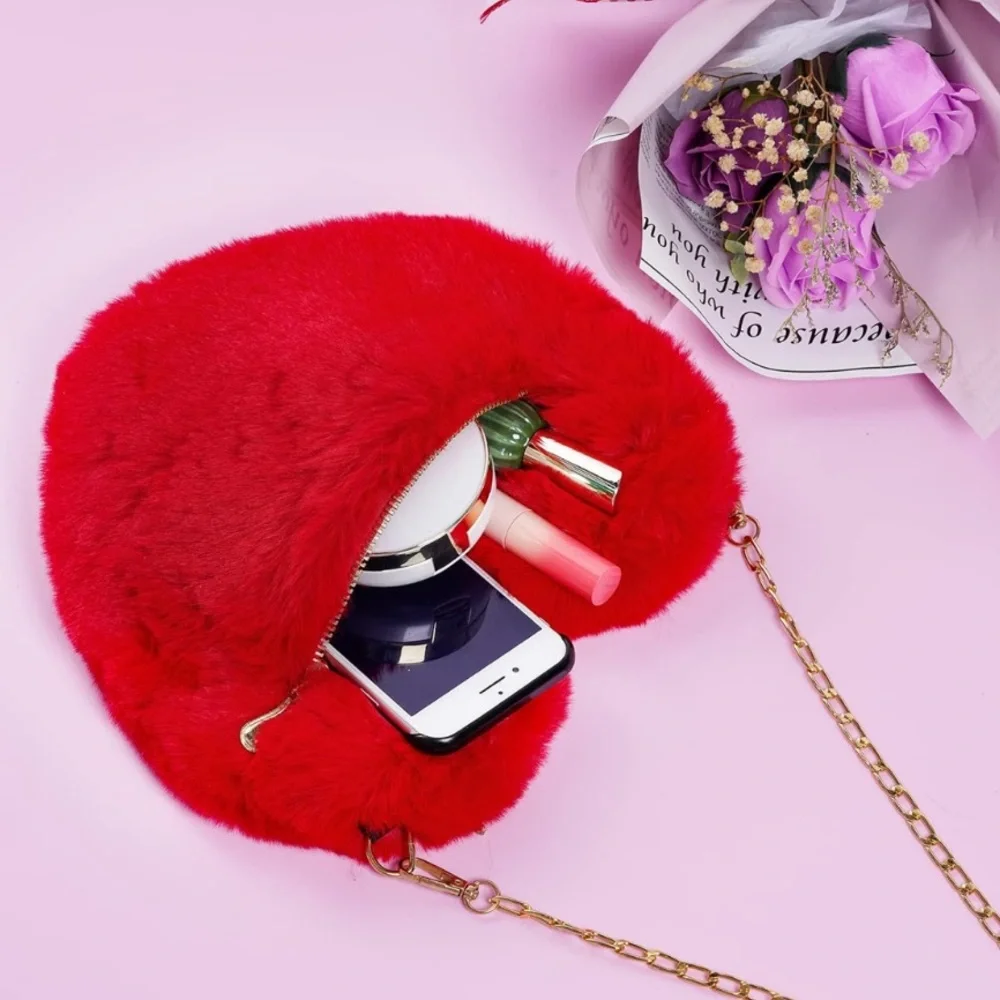 Heart Shaped Fluffy Shoulder Bag Fashion Chain Crossbody Bag Cute Zipper Purse
